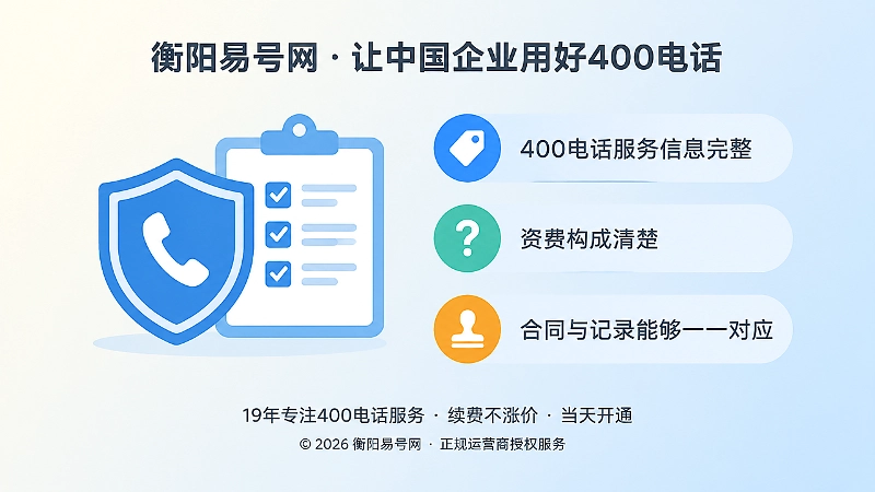 盾牌清单与信息条带，代表400电话服务信息完整与资费透明